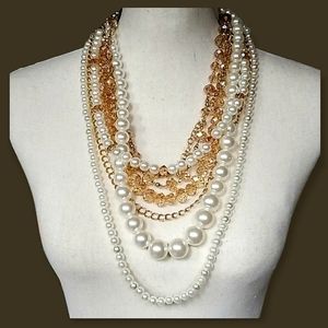 Vintage Couture Faux Pearl Topaz  Crystal Multi Strand Gold Tone Necklace